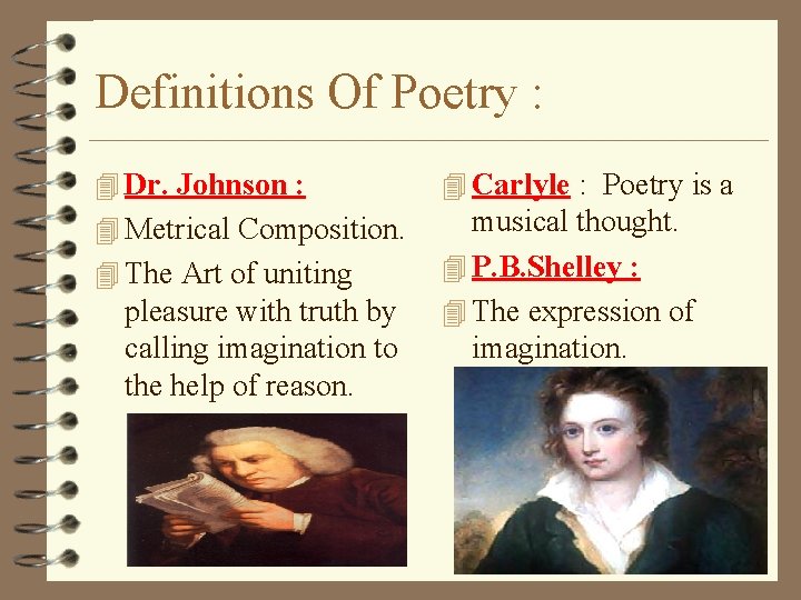 Definitions Of Poetry : 4 Dr. Johnson : 4 Carlyle : Poetry is a