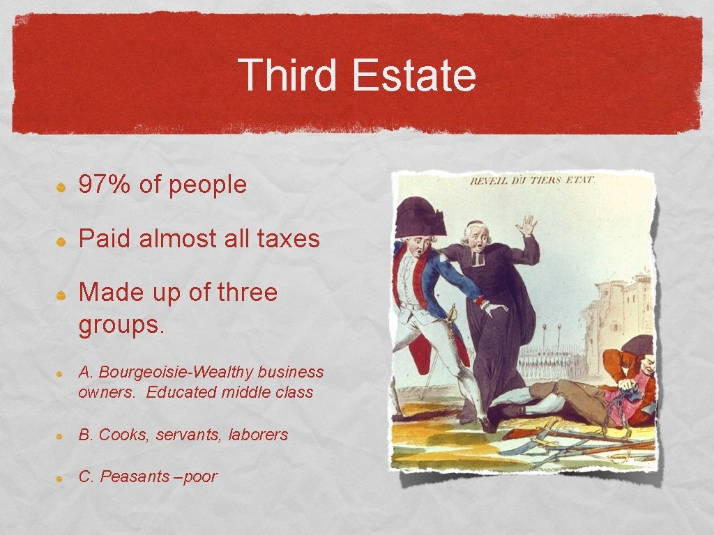 Third Estate 97% of people Paid almost all taxes Made up of three groups.