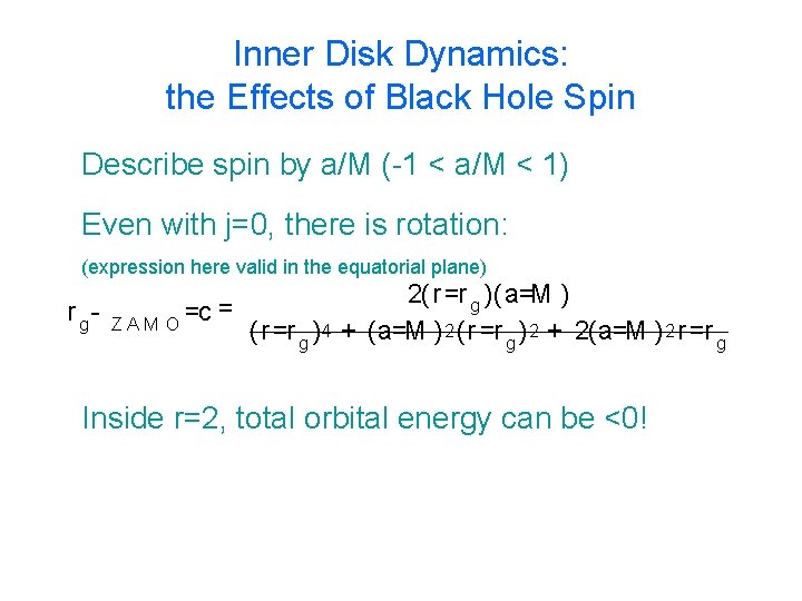 Inner Disk Dynamics: the Effects of Black Hole Spin Describe spin by a/M (