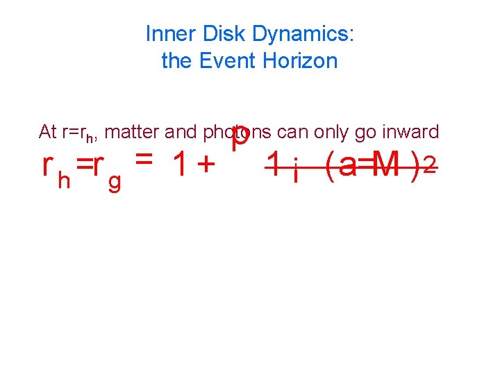 Inner Disk Dynamics: the Event Horizon p At r=rh, matter and photons can only