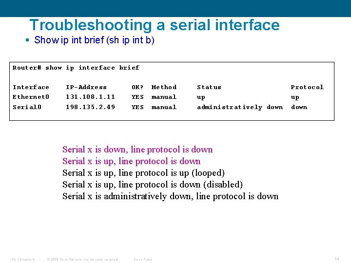 Troubleshooting a serial interface § Show ip int brief (sh ip int b) Router#