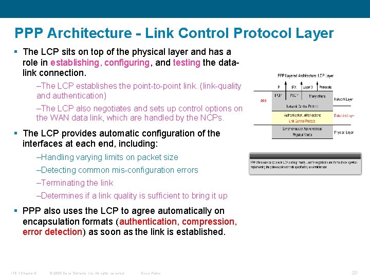 PPP Architecture - Link Control Protocol Layer § The LCP sits on top of