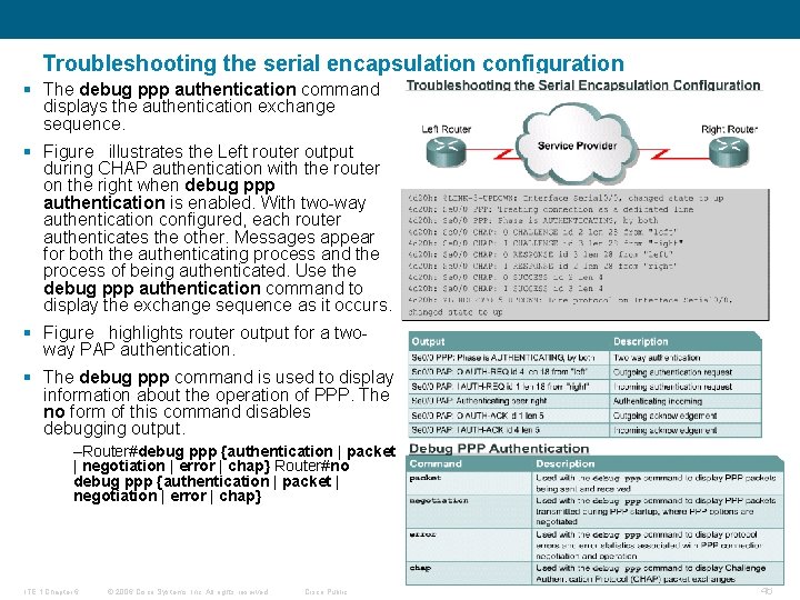 Troubleshooting the serial encapsulation configuration § The debug ppp authentication command displays the authentication