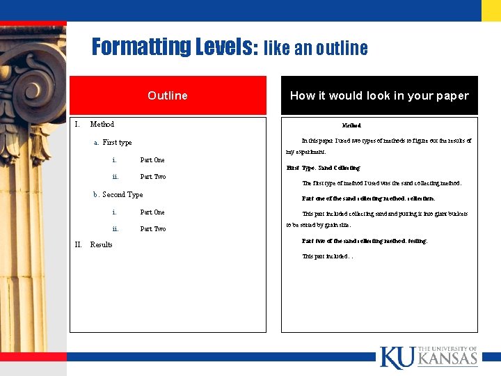 Formatting Levels: like an outline Outline I. How it would look in your paper