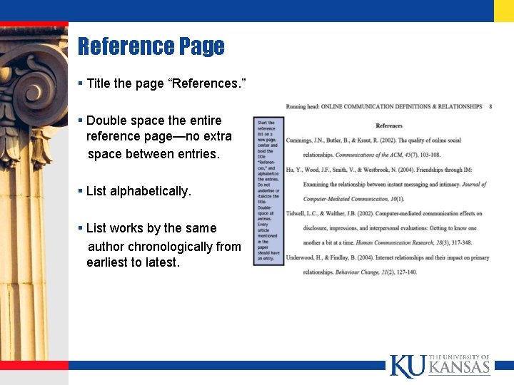 Reference Page § Title the page “References. ” § Double space the entire reference