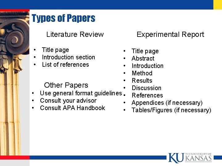 Types of Papers Literature Review • Title page • Introduction section • List of