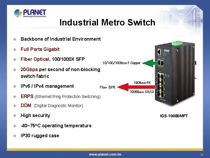 Industrial Metro Switch u Backbone of Industrial Environment u Full Ports Gigabit u Fiber