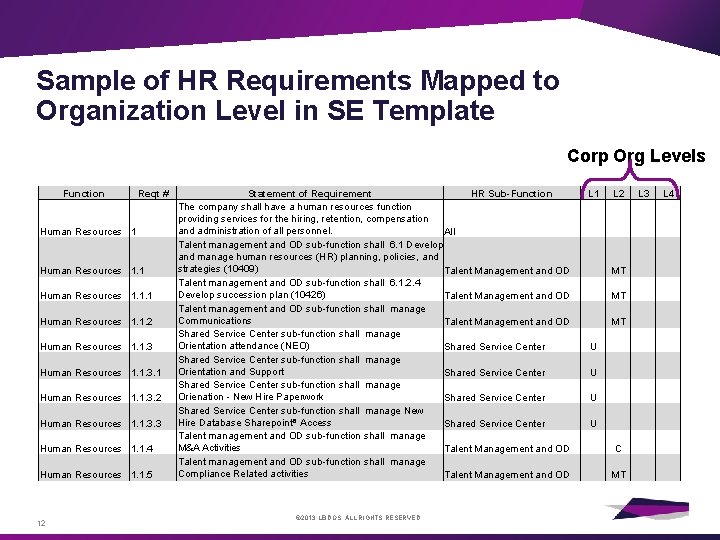 Sample of HR Requirements Mapped to Organization Level in SE Template Corp Org Levels