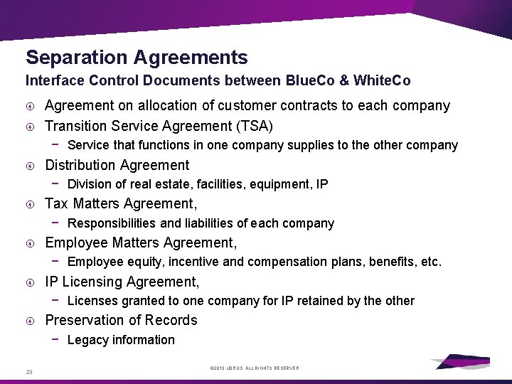 Separation Agreements Interface Control Documents between Blue. Co & White. Co Agreement on allocation