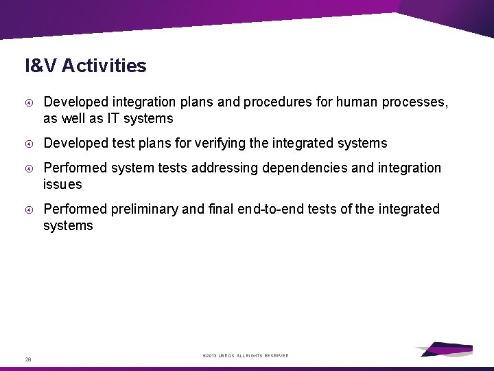 I&V Activities Developed integration plans and procedures for human processes, as well as IT