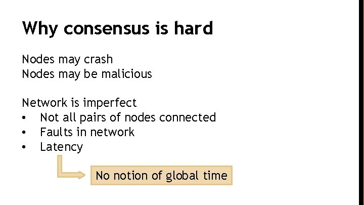 Why consensus is hard Nodes may crash Nodes may be malicious Network is imperfect