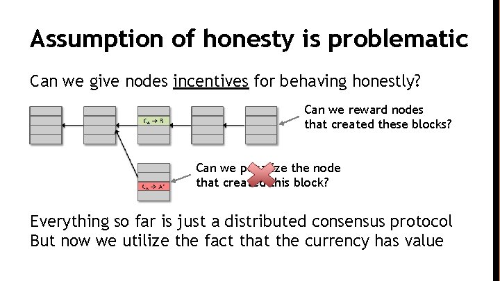 Assumption of honesty is problematic Can we give nodes incentives for behaving honestly? Can