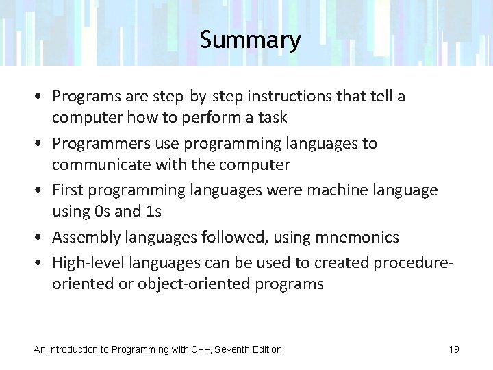 Summary • Programs are step-by-step instructions that tell a computer how to perform a