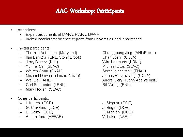 AAC Workshop: Participants • Attendees: • Expert proponents of LWFA, PWFA, DWFA • Invited
