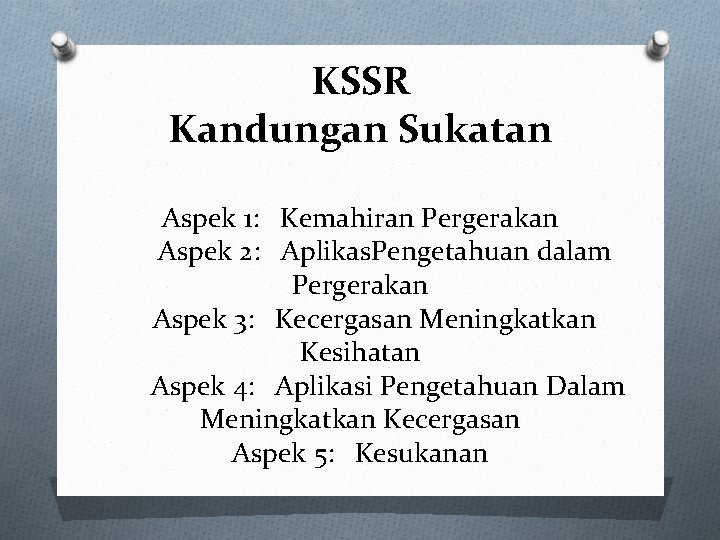 KSSR Kandungan Sukatan Aspek 1: Kemahiran Pergerakan Aspek 2: Aplikas. Pengetahuan dalam Pergerakan Aspek
