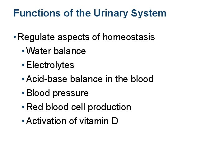 Functions of the Urinary System • Regulate aspects of homeostasis • Water balance •