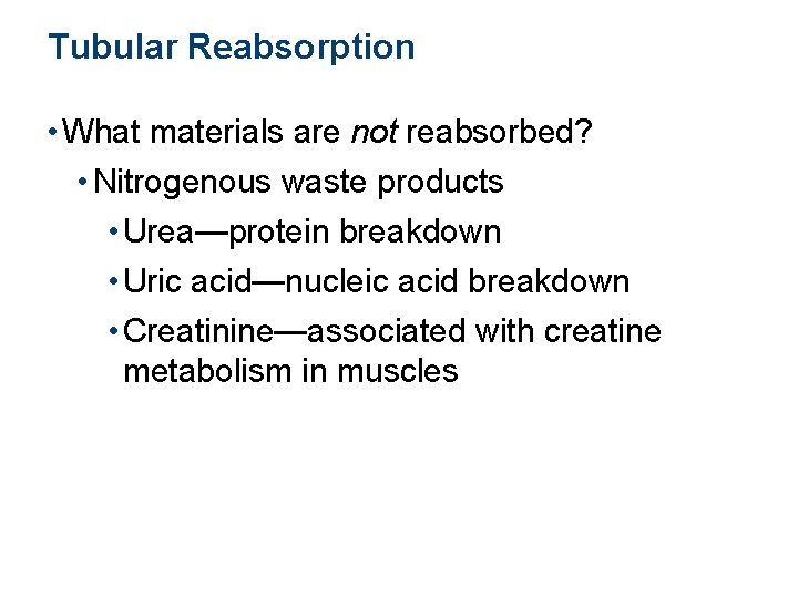 Tubular Reabsorption • What materials are not reabsorbed? • Nitrogenous waste products • Urea—protein