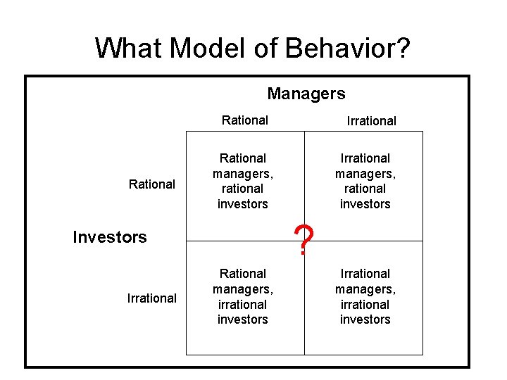 What Model of Behavior? Managers Rational managers, rational investors Irrational managers, rational investors ?