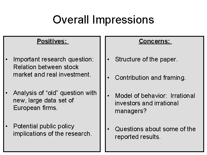 Overall Impressions Positives: Concerns: • Important research question: Relation between stock market and real