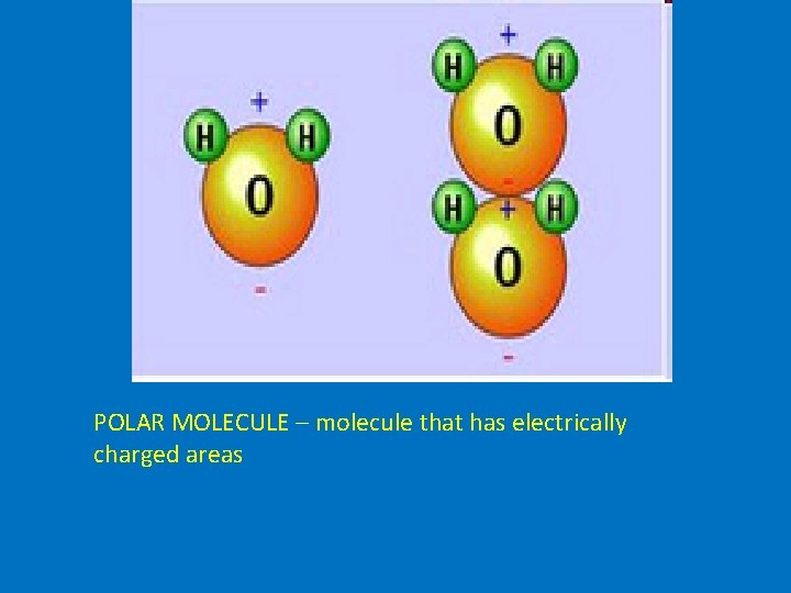 POLAR MOLECULE – molecule that has electrically charged areas 