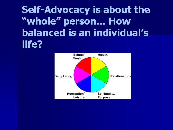 Self-Advocacy is about the “whole” person… How balanced is an individual’s life? 