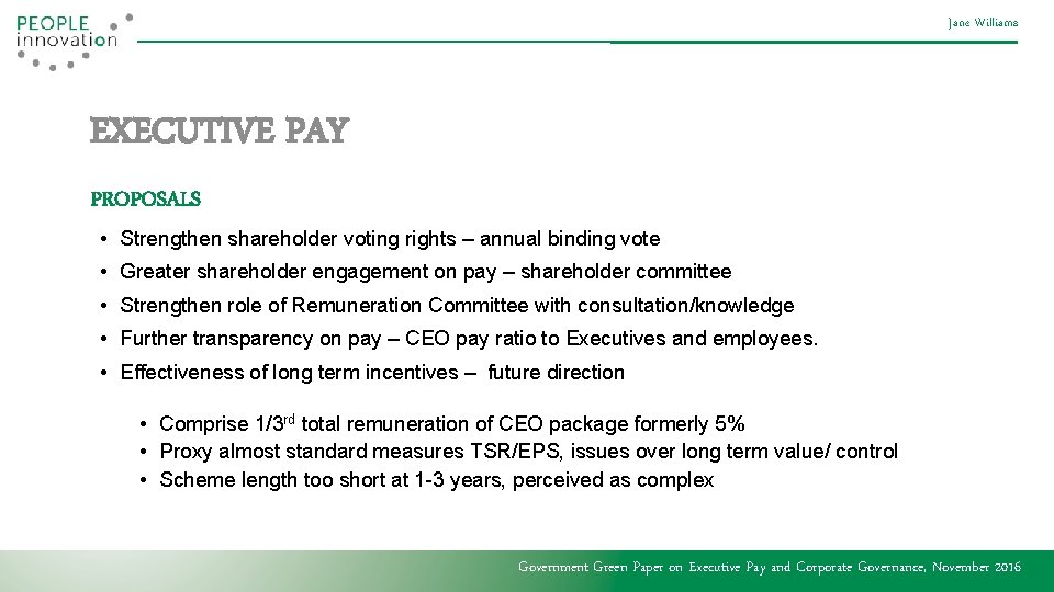 Jane Williams EXECUTIVE PAY PROPOSALS • Strengthen shareholder voting rights – annual binding vote