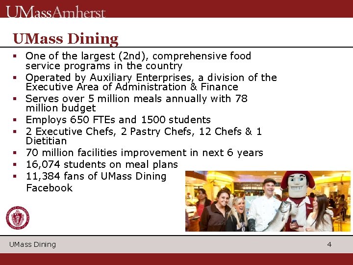 UMass Dining § One of the largest (2 nd), comprehensive food service programs in UMass Dining § One of the largest (2 nd), comprehensive food service programs in