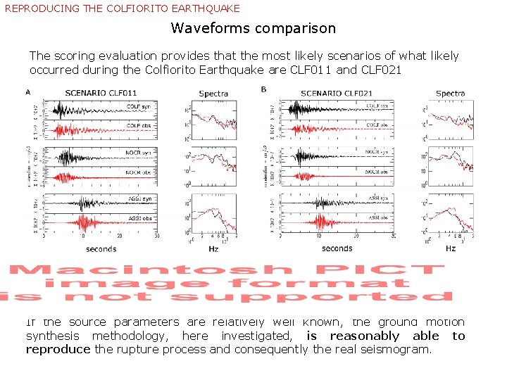 REPRODUCING THE COLFIORITO EARTHQUAKE Waveforms comparison The scoring evaluation provides that the most likely