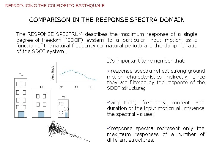 REPRODUCING THE COLFIORITO EARTHQUAKE COMPARISON IN THE RESPONSE SPECTRA DOMAIN The RESPONSE SPECTRUM describes