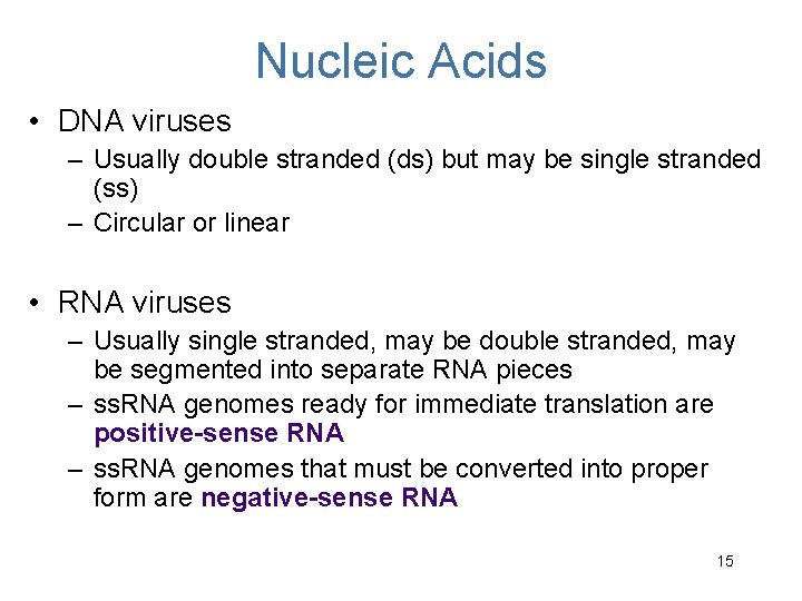 Nucleic Acids • DNA viruses – Usually double stranded (ds) but may be single