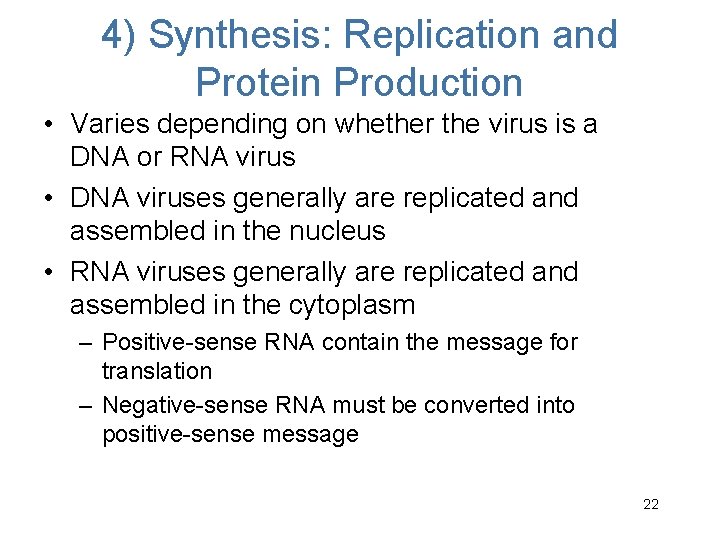 4) Synthesis: Replication and Protein Production • Varies depending on whether the virus is