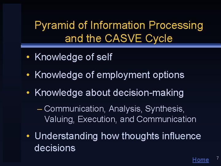 Pyramid of Information Processing and the CASVE Cycle • Knowledge of self • Knowledge