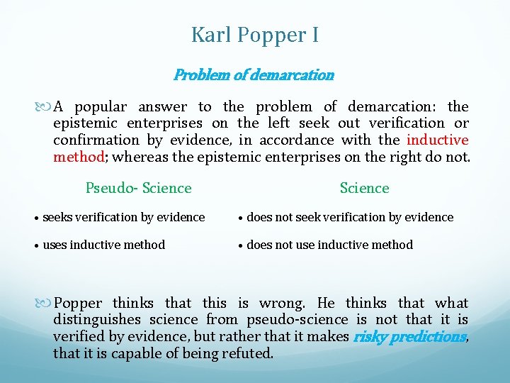 Karl Popper I Problem of demarcation A popular answer to the problem of demarcation: