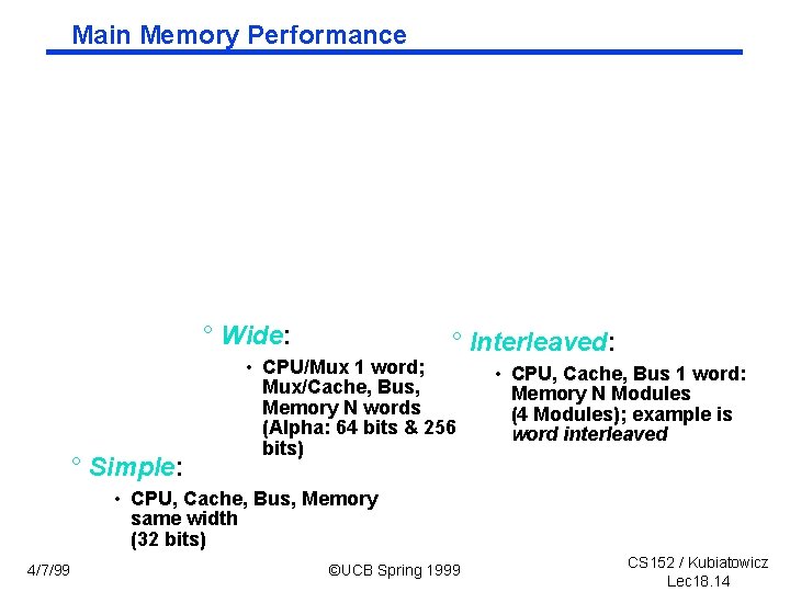 Main Memory Performance ° Wide: ° Simple: ° Interleaved: • CPU/Mux 1 word; Mux/Cache,