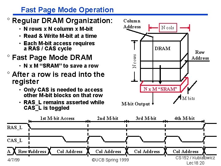 Fast Page Mode Operation ° Regular DRAM Organization: • N rows x N column