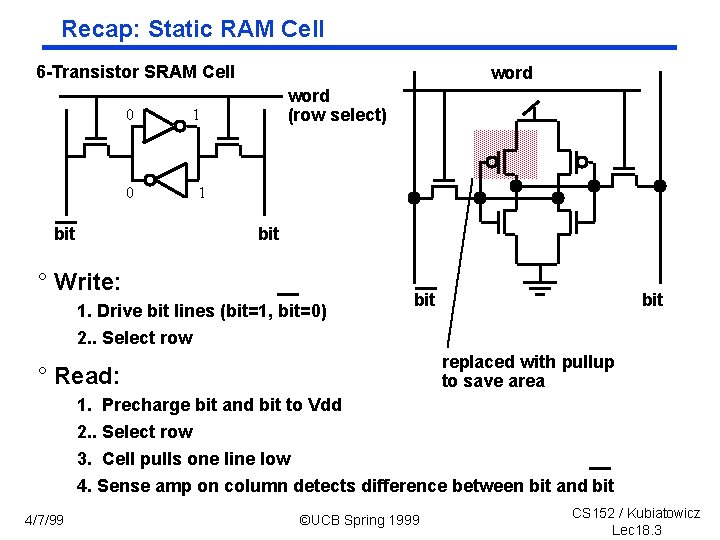 Recap: Static RAM Cell 6 Transistor SRAM Cell 0 0 bit word (row select)