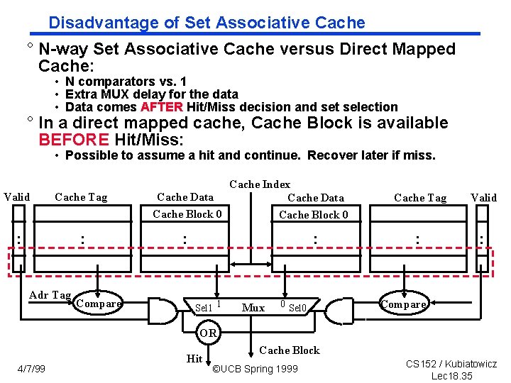 Disadvantage of Set Associative Cache ° N way Set Associative Cache versus Direct Mapped