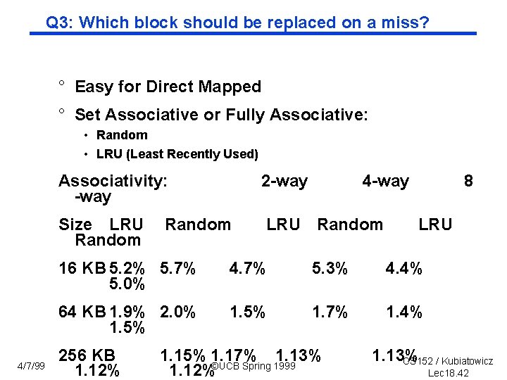 Q 3: Which block should be replaced on a miss? ° Easy for Direct