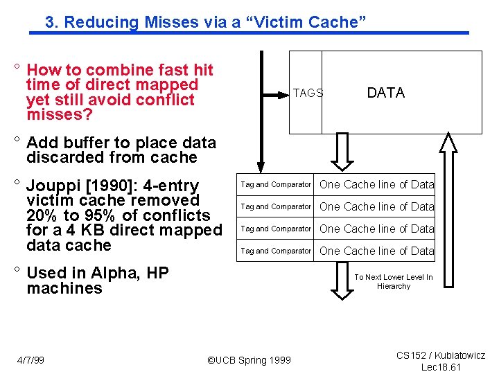 3. Reducing Misses via a “Victim Cache” ° How to combine fast hit time