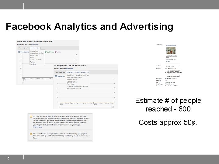 Facebook Analytics and Advertising Estimate # of people reached - 600 Costs approx 50¢.
