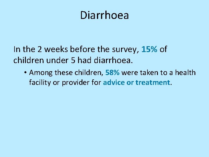 Diarrhoea In the 2 weeks before the survey, 15% of children under 5 had
