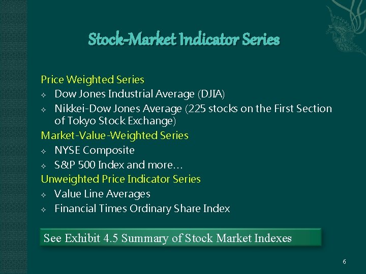 Stock-Market Indicator Series Price Weighted Series Dow Jones Industrial Average (DJIA) Nikkei-Dow Jones Average
