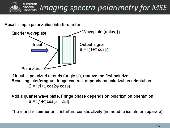 Imaging spectro-polarimetry for MSE Recall simple polarization interferometer: Quarter waveplate Input Waveplate (delay f)