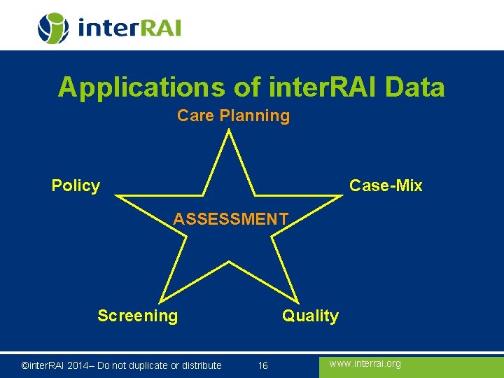 Applications of inter. RAI Data Care Planning Policy Case-Mix ASSESSMENT Screening ©inter. RAI 2014–