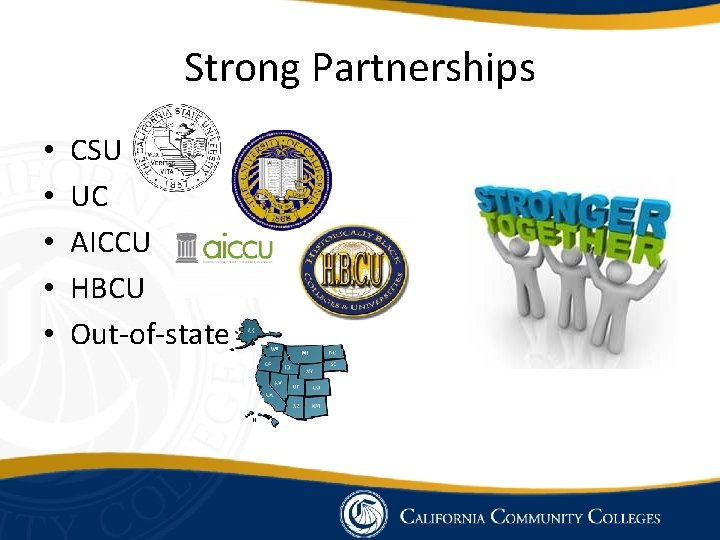 Strong Partnerships • • • CSU UC AICCU HBCU Out-of-state 