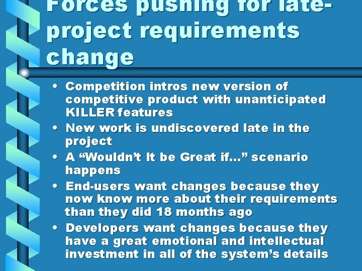 Forces pushing for lateproject requirements change • Competition intros new version of competitive product