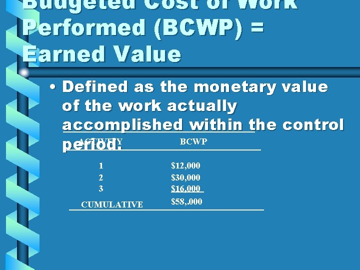Budgeted Cost of Work Performed (BCWP) = Earned Value • Defined as the monetary