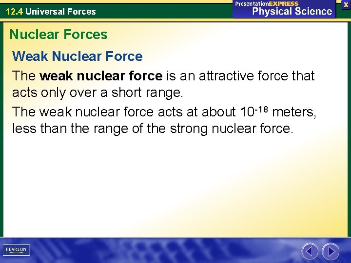 12. 4 Universal Forces Nuclear Forces Weak Nuclear Force The weak nuclear force is