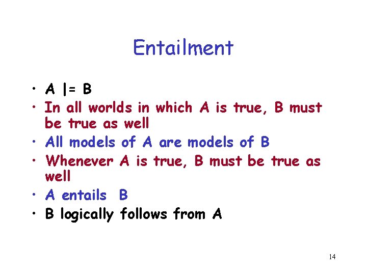 Entailment • A |= B • In all worlds in which A is true, Entailment • A |= B • In all worlds in which A is true,