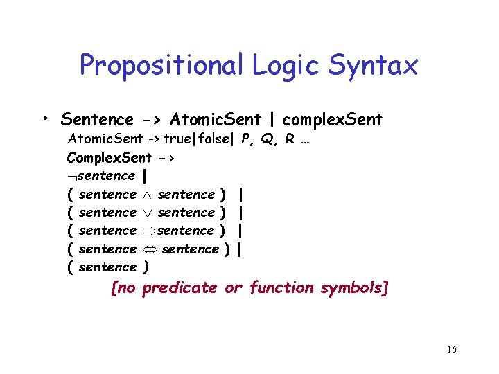Propositional Logic Syntax • Sentence -> Atomic. Sent | complex. Sent Atomic. Sent -> Propositional Logic Syntax • Sentence -> Atomic. Sent | complex. Sent Atomic. Sent ->